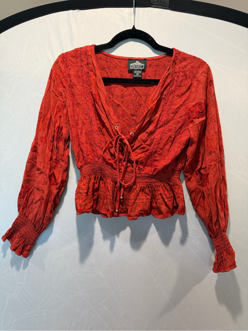 Angie Boho Lace Up Peasant Top XS